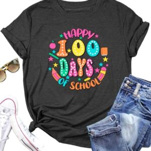 YI XIANG RAN 100 Days of School Shirt Women Happy 100th Day of School Teacher Student T-Shirt Teacher Gifts Tops Tee (DarkGrey2, X-Large)