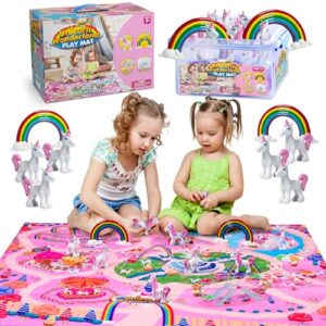 YoYa Toys Unicorn Playmat - Pretend Play Set for Kids - 8 PCS Unicorns and Rainbows Figures - Educational Imaginative Activity Rug Toy - Floor Mat Playset Gift for Girls 3 4 5 6 7 8 Year Old Toddlers
