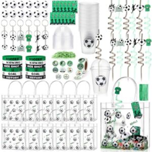 Yungyan 87 Pcs Soccer Party Favors, 12 Set Sports Birthday Party Supply | Soccer Goodie Bag Stuffers, Including PVC Gift Bag, Keychain, Cup, Spiral Straw, Bracelet, Stickers, Stress Ball, Cards