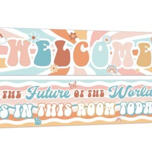 ZOiiWA 2 Pack Groovy Retro Classroom Decorations Boho Groovy Welcome Banner Posters Retro Hippie Bulletin Board Decor Hippie Motivational Banner for Preschool Elementary School Supplies Wall Decor