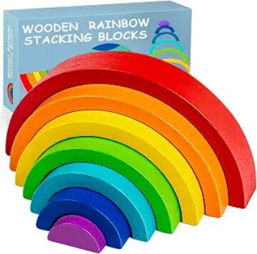 Wooden Rainbow Stacking Toy, Wood Stacker Arch Game, Montessori Arch Bridge Rainbow Building Blocks