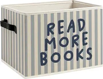 Reading Room Book Foldable Storage Bins Box with Handles, Read More Books Blue Striped Decorative Storage Boxes Baske…