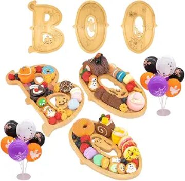 Boo Halloween Charcuterie Board,with Balloon,3 Bamboo Letter Food Tray