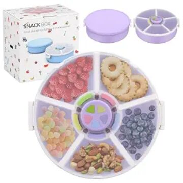 Snack Rotator Container Reusable Snack Box with 5 Compartment Dispenser and Lid, Color Matching Opening Lid, (2 Pack)