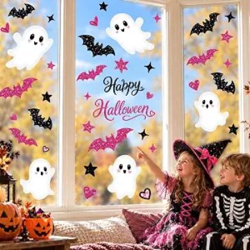 Pink Halloween Window Clings Decor Cute Ghost Stickers Decorations for Kids