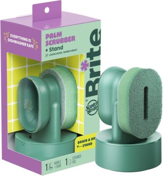 Brite by Scotch-Brite Palm Scrubber with Drain + Dry Stand, Household and Kitchen Sponge for Washing Dishes with Comf…