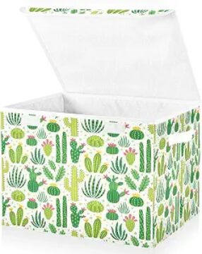 Large Collapsible Storage Bins with Lids, Green Cacti Storage Baskets Organizer Containers with Handles