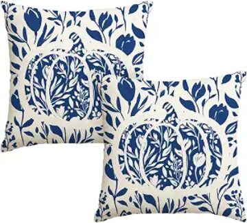 AVOIN colorlife Fall Pumpkin Leaves Blue Pillow Cover 18x18 Inch Set of 2