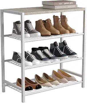 HOMEFORT 4-Tier Shoe Rack, Modern Industrial Shoe Storage Tower, Narrow Shoe Organizer for Closet Entryway, White Oak