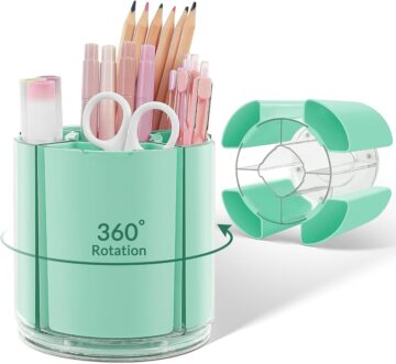 KONVINIT Green Pen Holder for Desk, 5 Slots 360° Rotating Pen Organizer, Cute Desk Organizers and Accessories