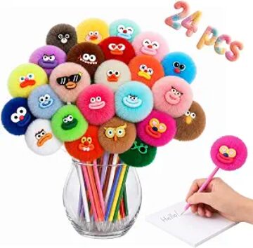 CZWZ 24 Pack Pom Pom Pens Fluffy Cute Pens - Funny Emoji Face Kawaii Plush Novelty Gel Ink Pens 0.5mm for Kids