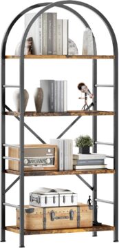 Shintenchi Arched Bookshelf, 4 Tier Bookcase, Tall Storage Shelf, Brown