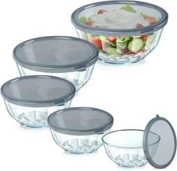 5‑Piece Glass Mixing Bowls Set with Airtight Lids, Gray