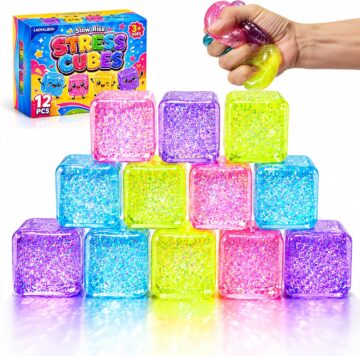 Sparkly Glitter Squishy Cubes, 12 Pack Slow Rising Sensory Fidget Toys, Soft TPR Washable Stress Cubes in 4 Colors
