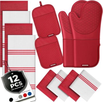 Silicone Oven Mitts and Pot Holders with Kitchen Towels and Dishcloths Sets, Baking Gloves Hot Pads 500°F Heat Resist…