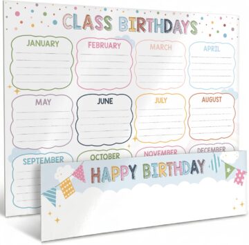 Classroom Birthday Charts for Classroom, 2 Pack Rainbow Boho