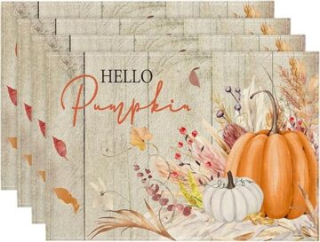 4 Count Artoid Mode Wood Orange Pumpkin Fall Placemats 12 x 18 Inch