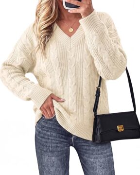 Sweaters for Women Ovesized V Neck Cable Knit Pullover Tops