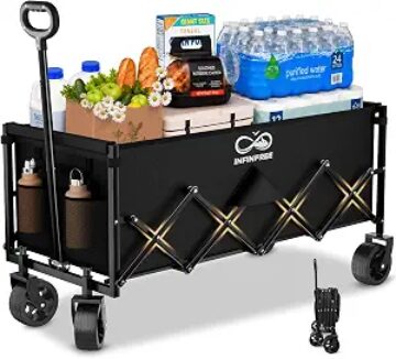 34" Extra Long Foldable Wagon with All-Terrain Wheels, 260 LBS Capacity Collapsible Utility Cart for Grocery Shopping,