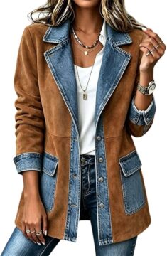 Nantdog Western Faux Suede Denim Patchwork Jacket Women Barn Jean Blazer