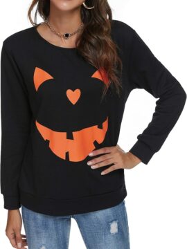 Women's Funny Halloween Pumpkin Face Sweatshirt Slouchy Witch Shirt Long Sleeve