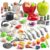 100Pcs Kitchen Playset, Kids Pretend Cooking Play Pots, Pans, Utensils, Cookware, Toy Food Fruits Veggies, with 2 Large Apple – Shaped Storage, Toddler Cooking Learning Gift (White)