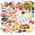 120Pcs Mini Play Kitchen Accessories, Kids Pretend Cooking Playset with Desserts, Cuttable Veggies & BBQ & Storage Basket, Educational Role-Play Gift for Toddlers, Child, Pink