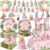213Pcs Bear First Birthday Decorations for Girl Serves 25 Guests, 1st Birthday Decorations Girl Include Banner, Plates, Napkin, Cup, Forks, Straw and Tablecloth, 1st Party Decorations