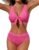 Wiepux Women High Waisted Textured Bikini Set Bow Ribbed Tummy Control（Hot Pink,S