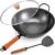 12.6 Inch Carbon Steel Wok with Lid, Flat Bottom Induction Wok Pan, Non-Coated Stir Fry Wok Skillet with Helper Handle, Gas Electric Ceramic Halogen Compatible, Includes Iron Wok Spatula