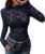 BTFBM Mesh Long Sleeve Tops for Women Sexy Lace Sheer,Navy Blue,X-Small