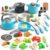 Bruvoalon 67Pcs Kids Play Kitchen Toys Set, Toddlers Pretend Cooking Playset Acccessories with Pots Pans, Utensils Cookware, Foods, Canned Veges, Learning Gift for Kids Girls Boys (Turquoise)