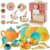 BUYGER Kitchen Dinnerware Set Bundle with Pretend Play Coffee Maker Toy, Plastic and Wooden, Kitchen Accessories Activity Cube Toy Educational Learning Toys Gifts