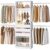 Closet System, 4-8FT Closet Organizer with 3 Wood Drawers & Glass Top, 102” Walk in Closet with 5 Hang Rods & LED Lights & Trouser Rack, Built-in Wardrobe Clothes Rack with Shelves and Tower, White