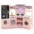 Costzon Corner Play Kitchen w/Lights, Sounds, Large Pretend Play Kitchen Set w/Blackboard, Microwave, Cooking Accessories, Wooden Montessori Sensory Toy for Kids 3+ Years Old (Pink)