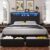 Fastroby Farmhouse Queen Bed Frame with LED Charged Bookcase Headboard & Storage Drawers, Black