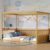 Full Size Canopy Bed Frame with 4 Posters and Guardrails, Full Size Montessori Floor Bed with High Fence, Natural Montessori Bed Full Size