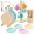 GAGAKU Kids Wooden Play Dishes Set -27Pcs Montessori Play Kitchen Accessories Plates and Bowls Set, Storage Stand & Play Food, Pretend Cooking Toys for Ages 3-5, Educational Gift for Toddler