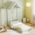 Giantex Twin Size House Bed, Montessori Floor Bed with House Shape Roof & Semi-Fence, Solid Wood Bed Frame Without Slats, Low to Ground Playhouse for Kids Boys Girls, No Box Spring Needed (White)