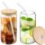 Glass Cups Set of 2 with Bamboo Lids and Glass Straws, 500ml