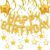 Gold Happy Birthday Balloons Banner With Gold Star Hanging Swirl Decorations, Star Foil Balloons For Happy Birthday Decorations Women, Men