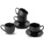 HASENSE Ceramic Cappuccino Cups and Saucers – 8 Oz, Large Ribbed Coffee Mugs Set of 4 for Coffee,Tea,Latte and Macchiato, Demitasse Cups Set Aesthetic Gifty, Black