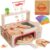 iLuckinSpri Wooden Pizza Toy Set for Kids, 68PCS Montessori Pretend Play Food Toys, Wooden Pizza Counter Playset with Bake Oven & Toy Dishes, Develop Imagination, Ideal Gift for Boys & Girls Aged 3+