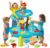 Linkowin Kids Flower Water Sand Table, 2 Tier Kids Outdoor Water Sand Play Table Toys, Splash Sensory Table for Summer Beach Activity Party for Boys Girls Age 3+ (Blue & Green)