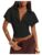 MakeMeChic Women’s Cinched Waist Ruched Cropped T Shirts Collared Deep V Neck Short Sleeve Going Out Tops Black X-Large