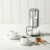 ONEMORE 2.5 Oz Espresso Cups Set of 4, Stackable Porcelain Coffee Cups with Saucers and Metal Stand, White Demitasse Mugs for Espresso, Cappuccino, Latte, Microwave & Dishwasher Safe