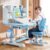 PAPABA Kids Study Desk and Chair Set, Height Adjustable Wood Desk with Bookshelf and Storage Drawer, 50-Degree Tilt Desktop, Ergonomic Design for Boys and Girls, Pink or Blue, Bedroom or Study Room