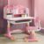 PlayNeew Kids Desk Chair Set, Adjustable Children Study Desk with Castle Backboard, Pink Pink