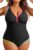 Plus Size One Piece Swimsuit V Neck Tummy Control Retro Ruched Bathing