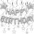 Silver Happy Birthday Balloons Banner With Silver Star Hanging Swirl Decorations, Star Foil Balloons For Happy Birthday Decorations Women, Men